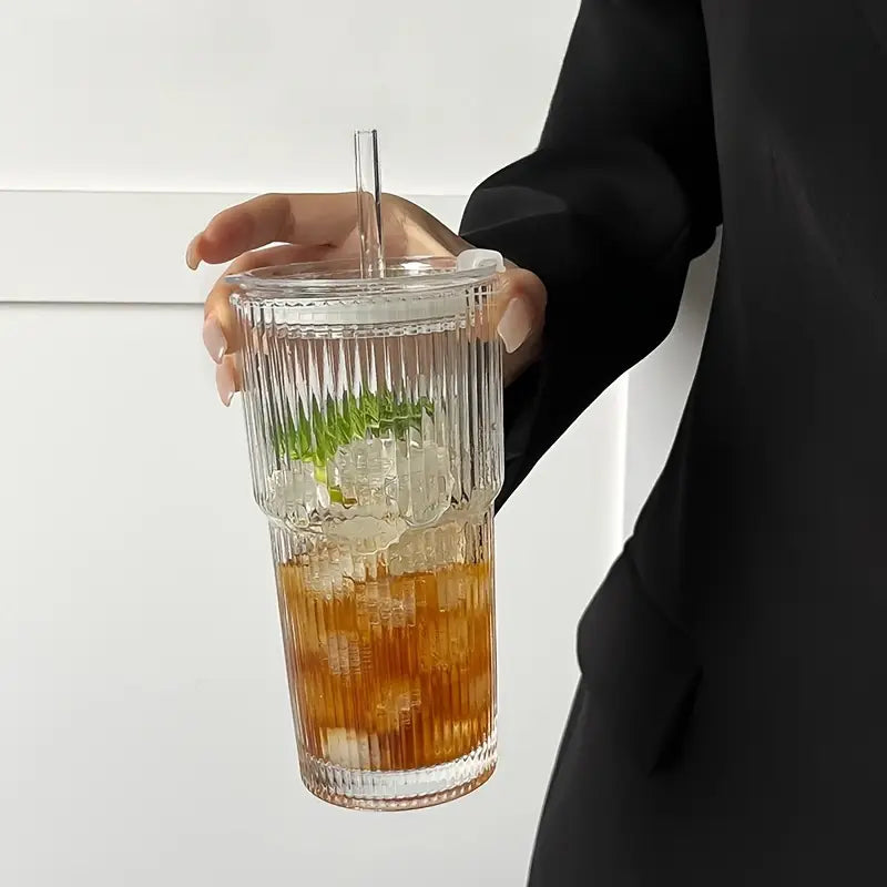 蓋付き600mlストライプガラスコーヒーカップ - 透明な再利用可能なアイスコーヒー&ジュースタンブラー