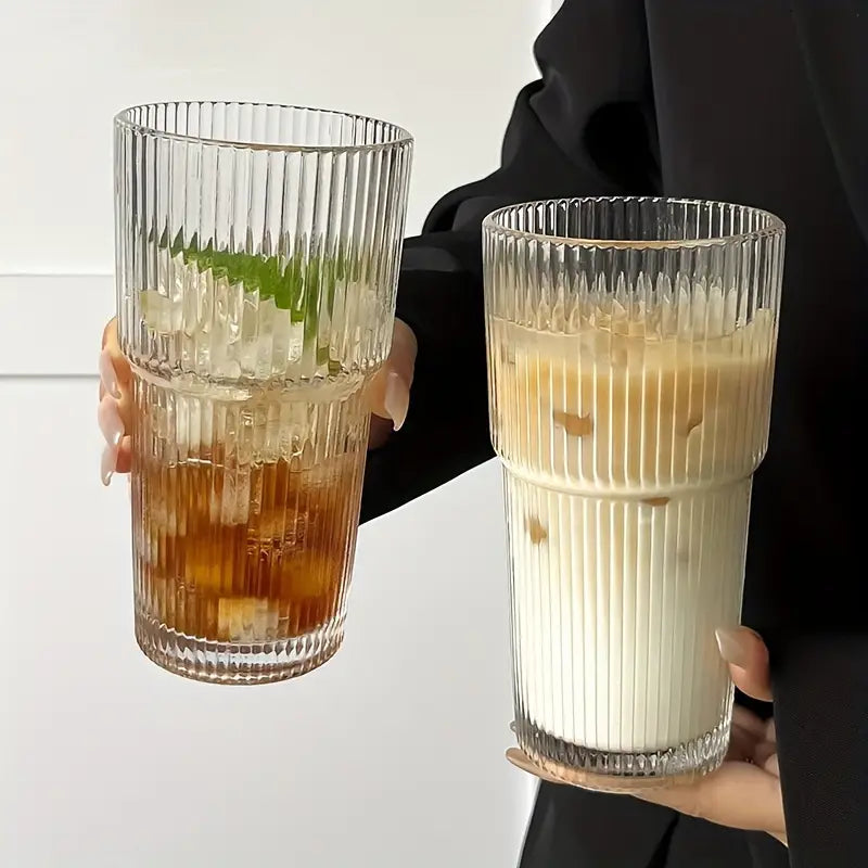 蓋付き600mlストライプガラスコーヒーカップ - 透明な再利用可能なアイスコーヒー&ジュースタンブラー