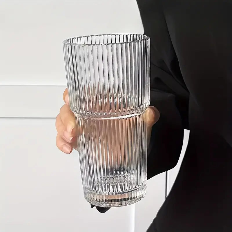 蓋付き600mlストライプガラスコーヒーカップ - 透明な再利用可能なアイスコーヒー&ジュースタンブラー