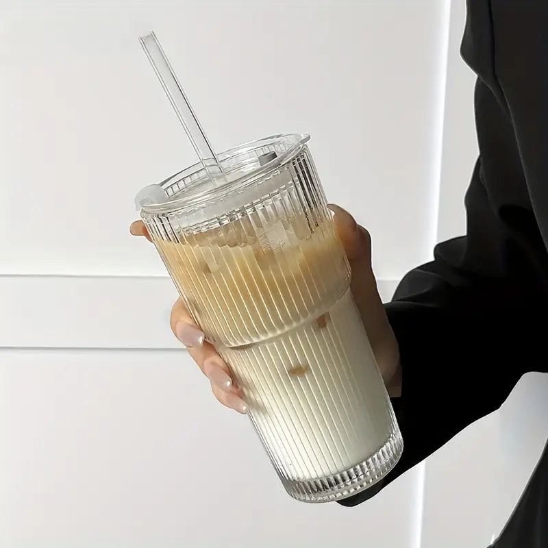 蓋付き600mlストライプガラスコーヒーカップ - 透明な再利用可能なアイスコーヒー&ジュースタンブラー