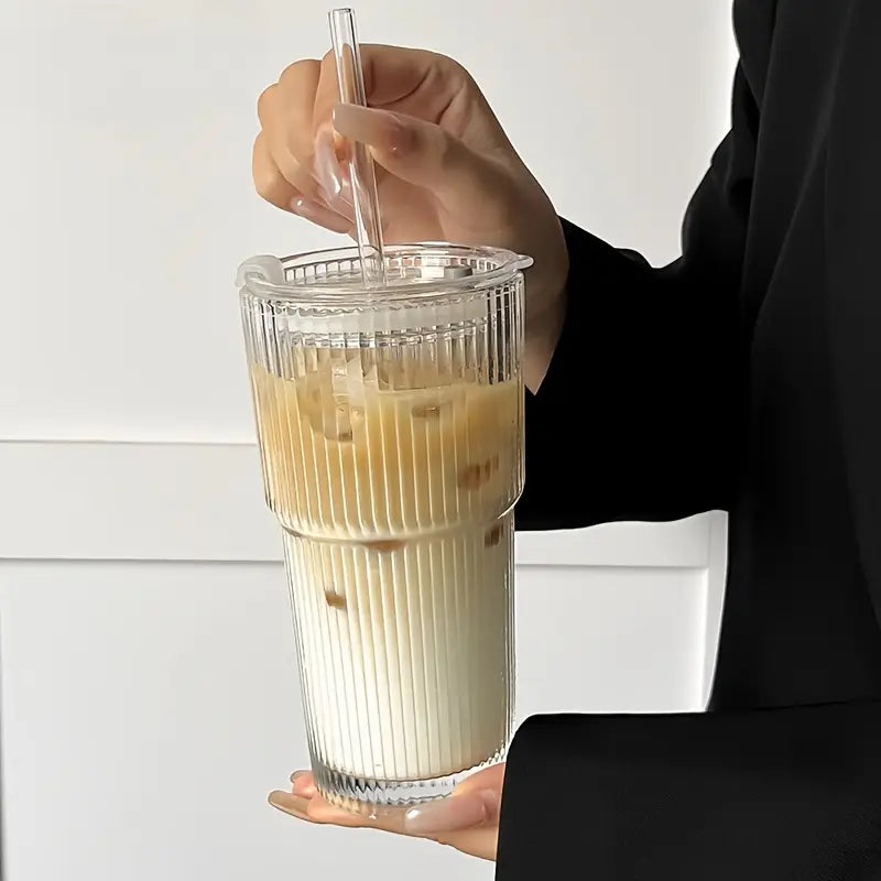 蓋付き600mlストライプガラスコーヒーカップ - 透明な再利用可能なアイスコーヒー&ジュースタンブラー
