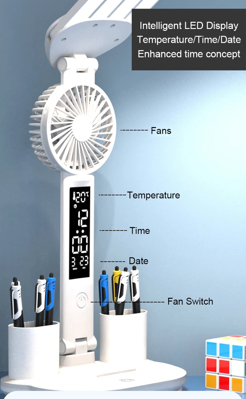 Nabíjateľná stolová lampa na štúdium, stolové svetlo LED svetlo LED svetlo LED s ventilátorom, LED hodinové čítanie lampy