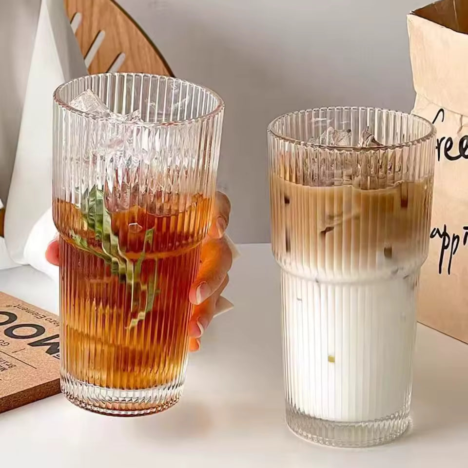 蓋付き600mlストライプガラスコーヒーカップ - 透明な再利用可能なアイスコーヒー&ジュースタンブラー