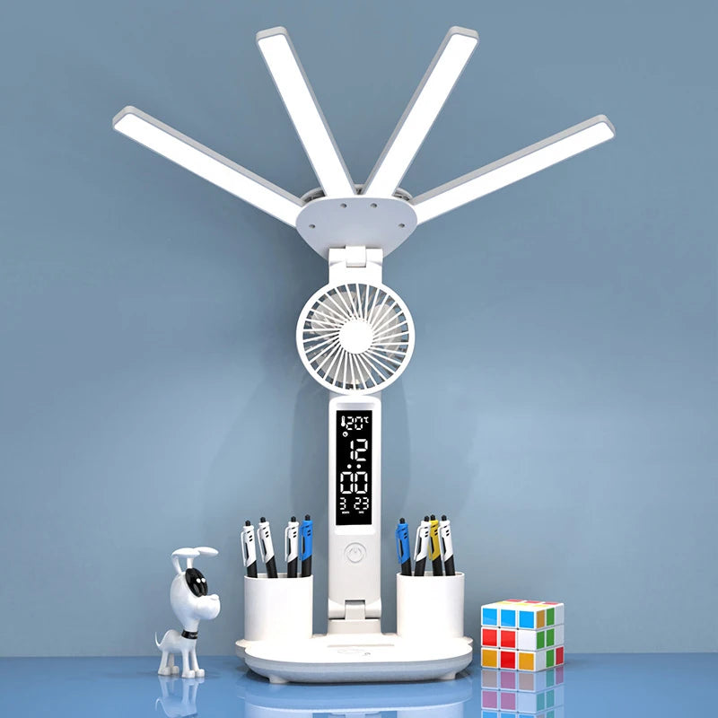 Nabíjateľná stolová lampa na štúdium, stolové svetlo LED svetlo LED svetlo LED s ventilátorom, LED hodinové čítanie lampy