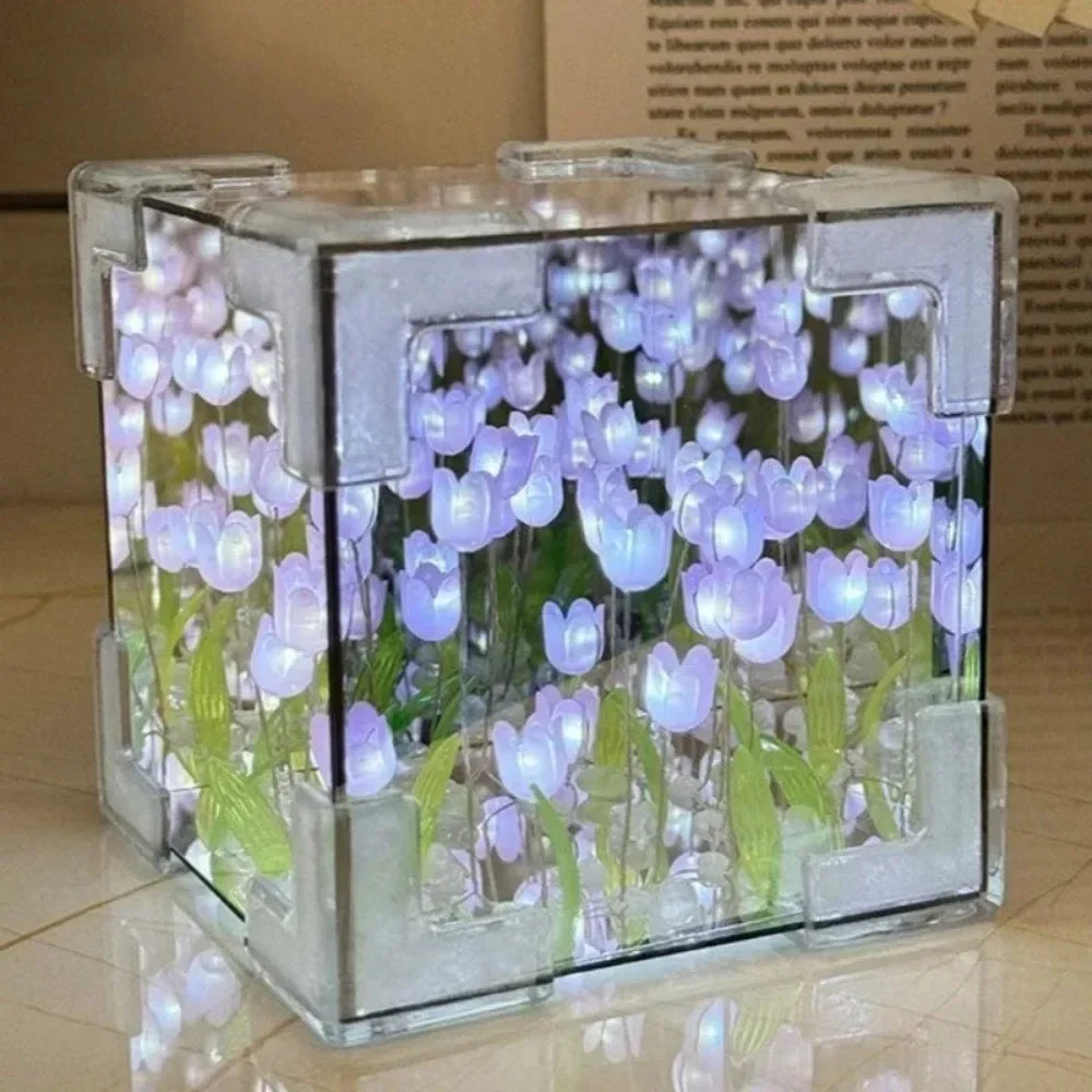 🌷 3D nočné svetlo s kvetom tulipánu v morskej kocke – večná záhrada v žiariacej krištáľovej kocke