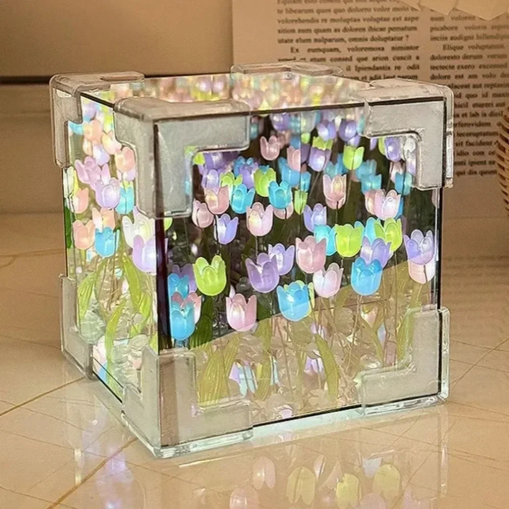 🌷 3D nočné svetlo s kvetom tulipánu v morskej kocke – večná záhrada v žiariacej krištáľovej kocke