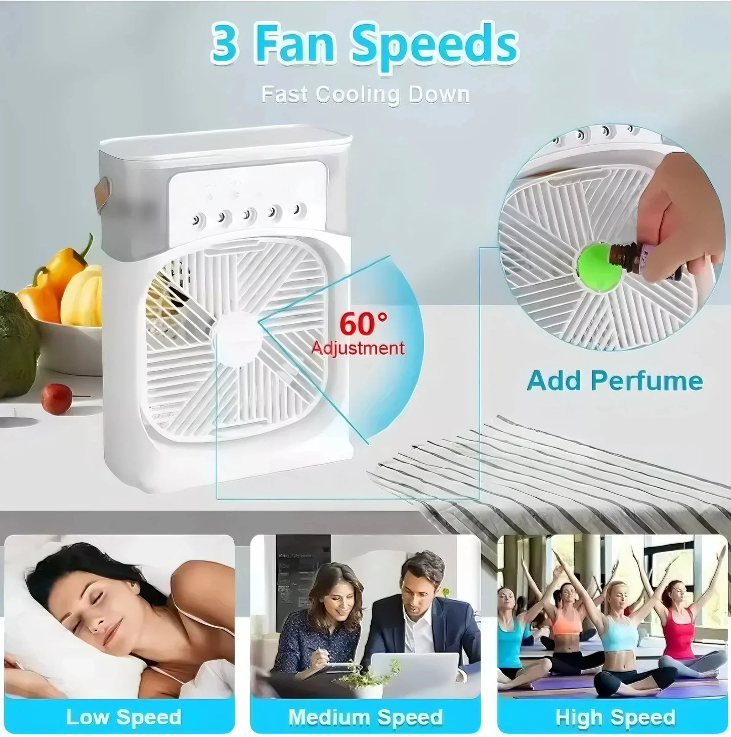 3-in-1 Portable Air Cooler Fan – LED Night Light, Humidifier & USB-Powered Mini AC