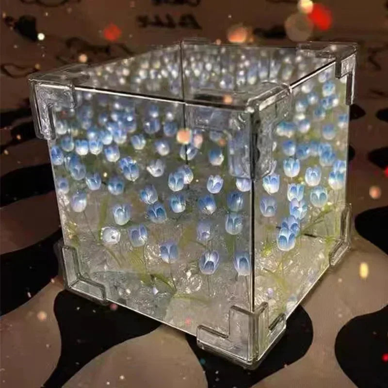 🌷 3D nočné svetlo s kvetom tulipánu v morskej kocke – večná záhrada v žiariacej krištáľovej kocke