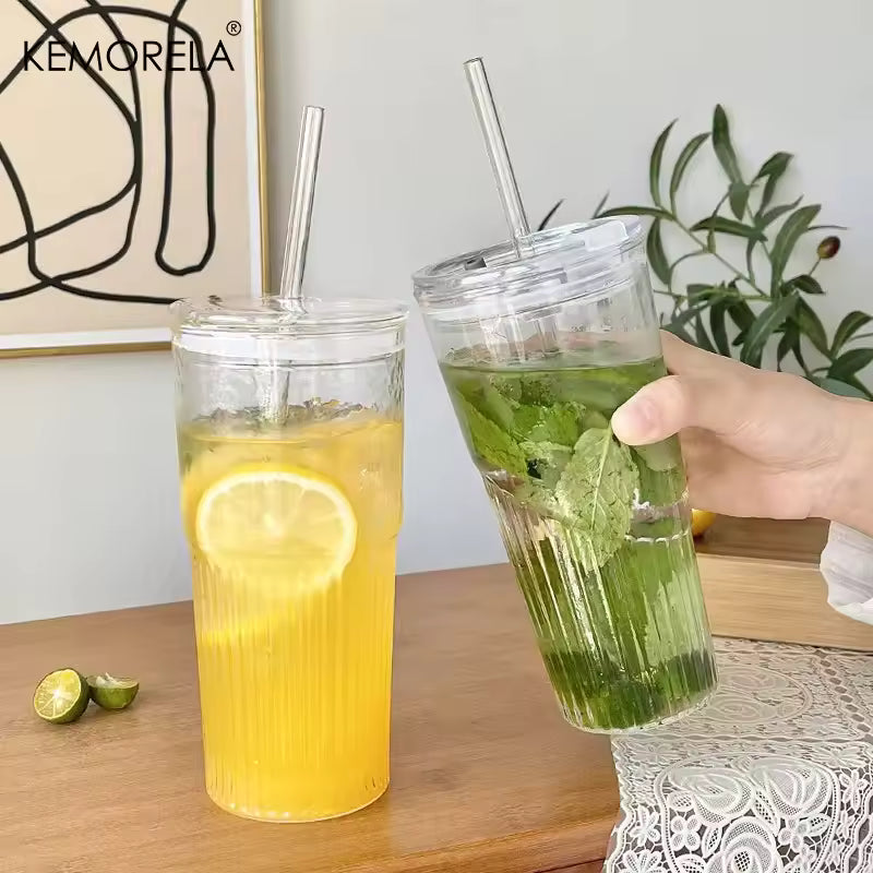 蓋付き600mlストライプガラスコーヒーカップ - 透明な再利用可能なアイスコーヒー&ジュースタンブラー