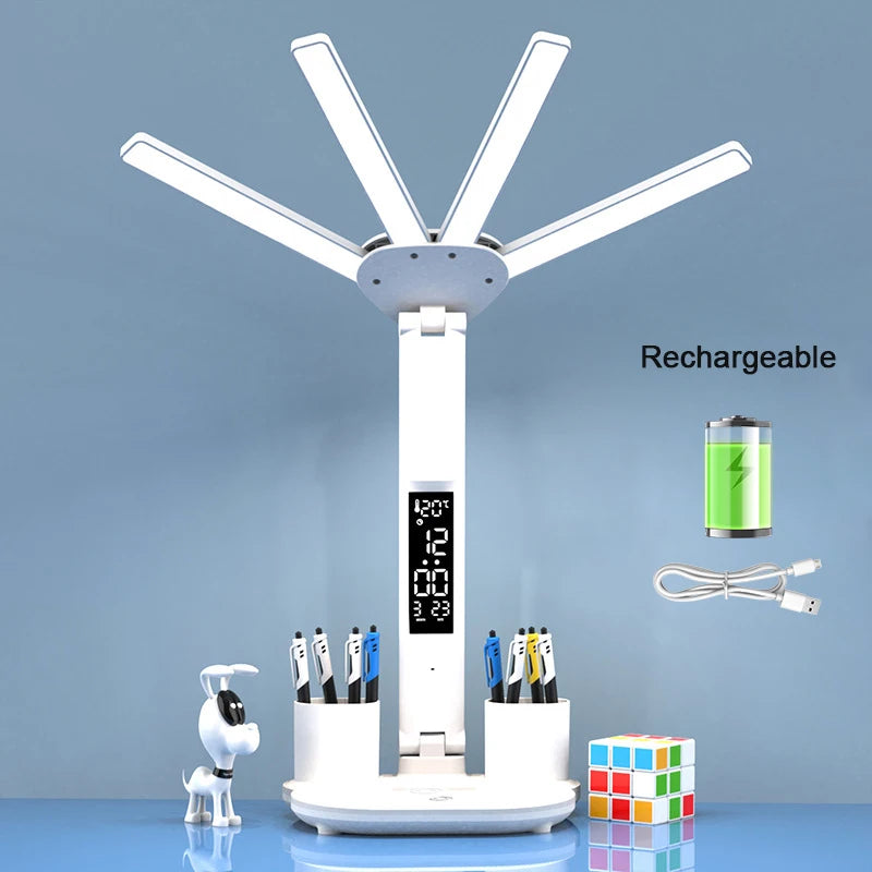 Nabíjateľná stolová lampa na štúdium, stolové svetlo LED svetlo LED svetlo LED s ventilátorom, LED hodinové čítanie lampy