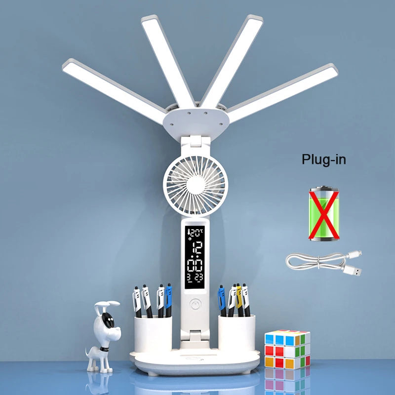 Nabíjateľná stolová lampa na štúdium, stolové svetlo LED svetlo LED svetlo LED s ventilátorom, LED hodinové čítanie lampy