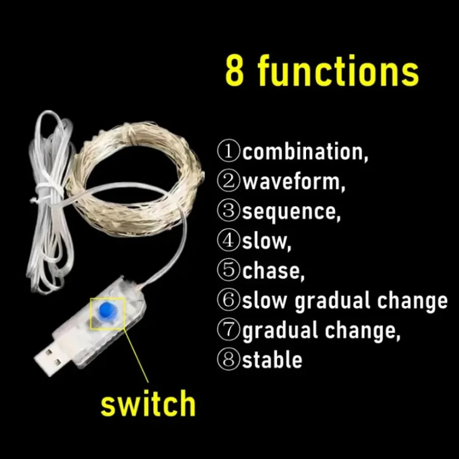 Lunvail ™ USB LED LED Fairy String Lights - 8 أوضاع | ديكور داخلي وخارجي | ألوان وأطوال متعددة