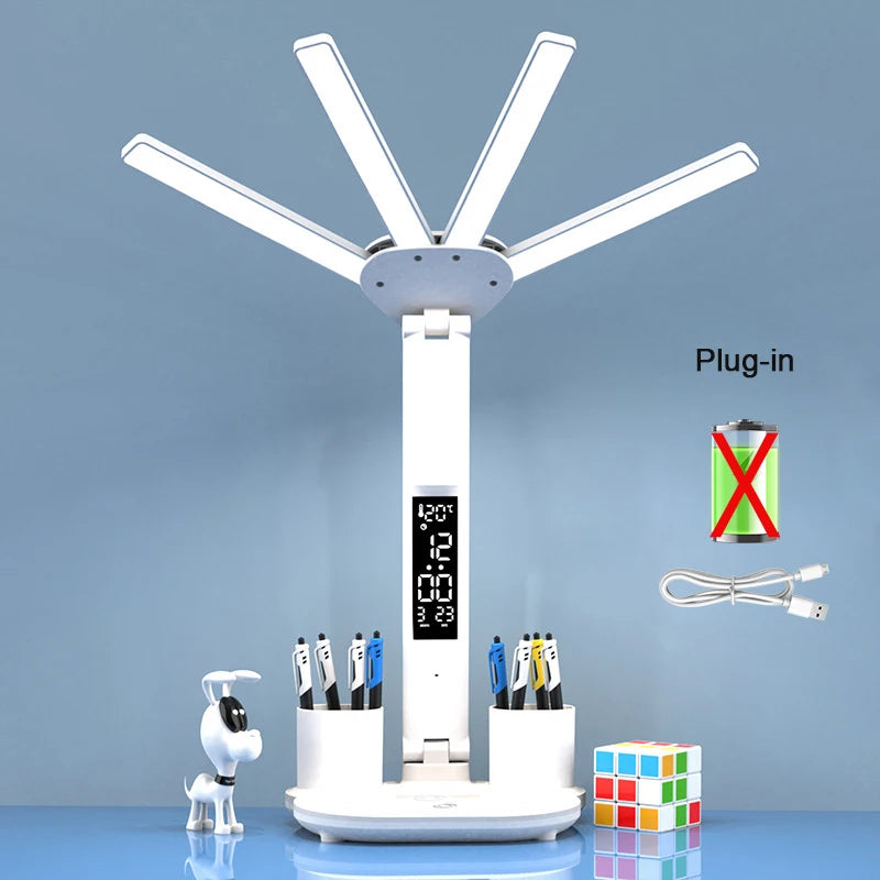 Nabíjateľná stolová lampa na štúdium, stolové svetlo LED svetlo LED svetlo LED s ventilátorom, LED hodinové čítanie lampy