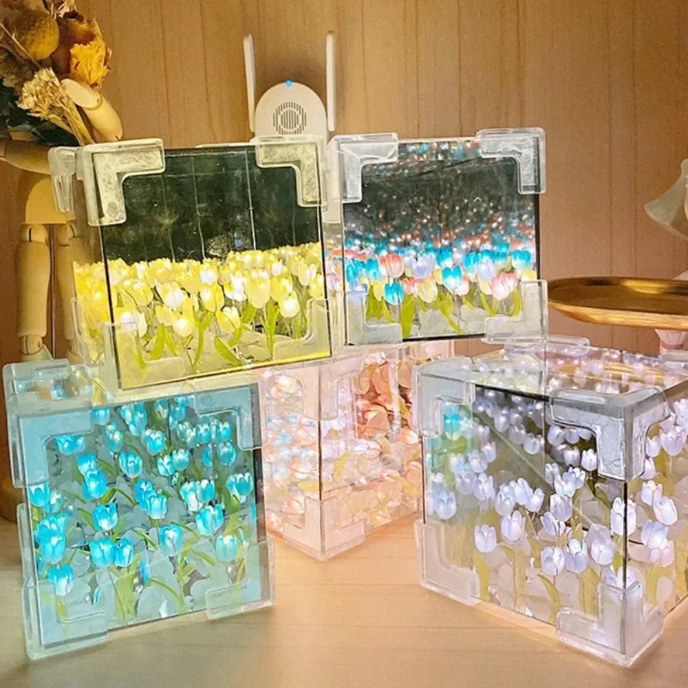 🌷 3D nočné svetlo s kvetom tulipánu v morskej kocke – večná záhrada v žiariacej krištáľovej kocke