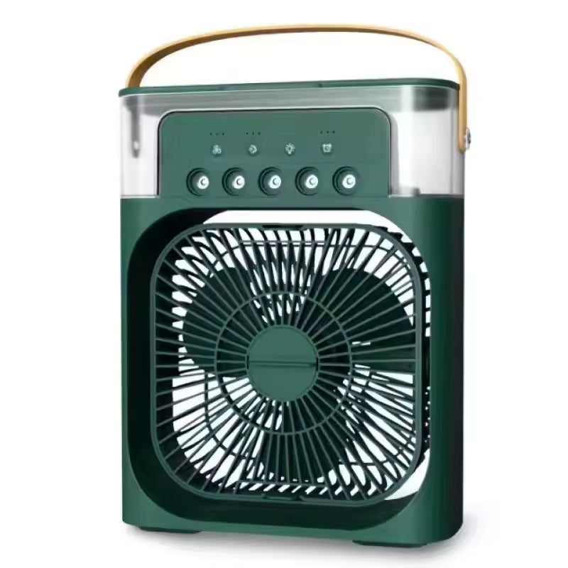 Green portable fan with a handle on a white background