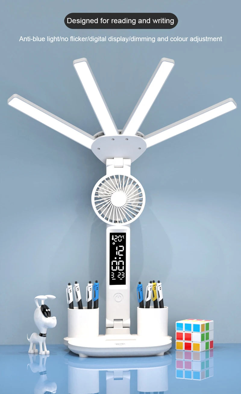 Nabíjateľná stolová lampa na štúdium, stolové svetlo LED svetlo LED svetlo LED s ventilátorom, LED hodinové čítanie lampy