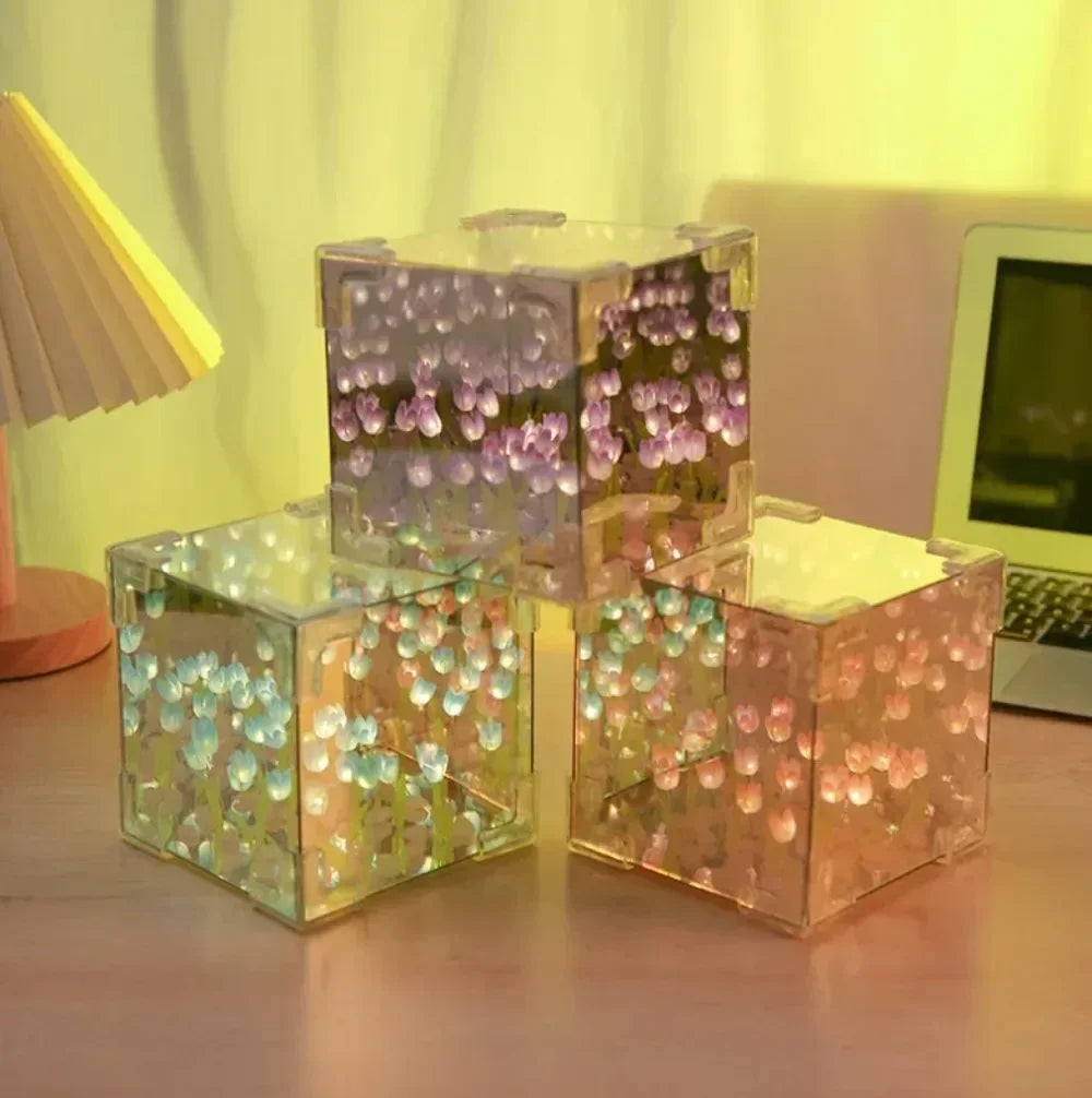 🌷 3D nočné svetlo s kvetom tulipánu v morskej kocke – večná záhrada v žiariacej krištáľovej kocke