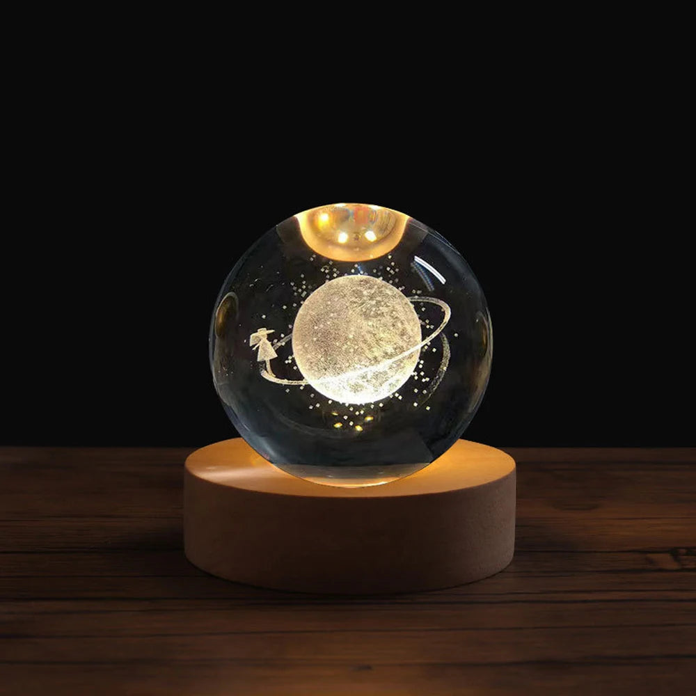 3D laserová krystalová koule noční světlo - USB LED lampa s dřevěnou základnou