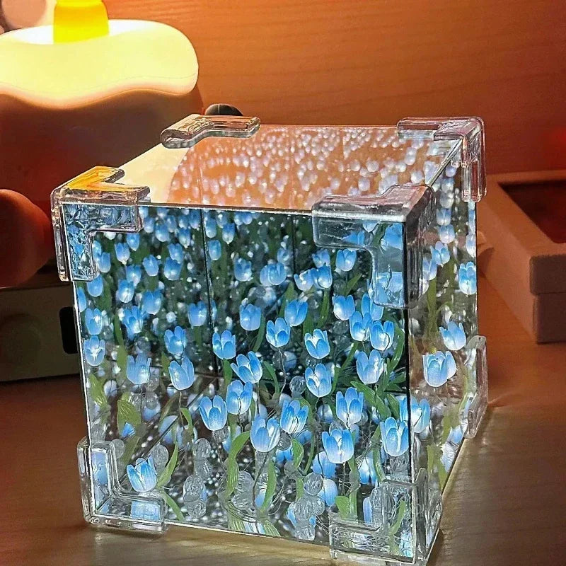 🌷 3D nočné svetlo s kvetom tulipánu v morskej kocke – večná záhrada v žiariacej krištáľovej kocke
