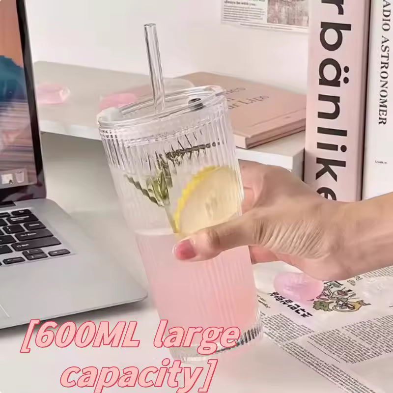 蓋付き600mlストライプガラスコーヒーカップ - 透明な再利用可能なアイスコーヒー&ジュースタンブラー