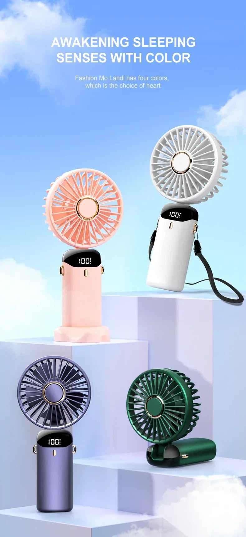 ハンドヘルドミニファン - 折りたたみ可能なポータブルネックハンギングファン5速、LEDディスプレイ、電話スタンド(USB充電式、1800mAh)