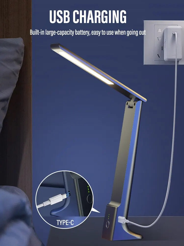 Skládací LED stolní lampa-USB dobíjecí dotyková ovládání, ochrana očí, stmívatelné 3-barevné světlo pro studium, kancelář a lůžko