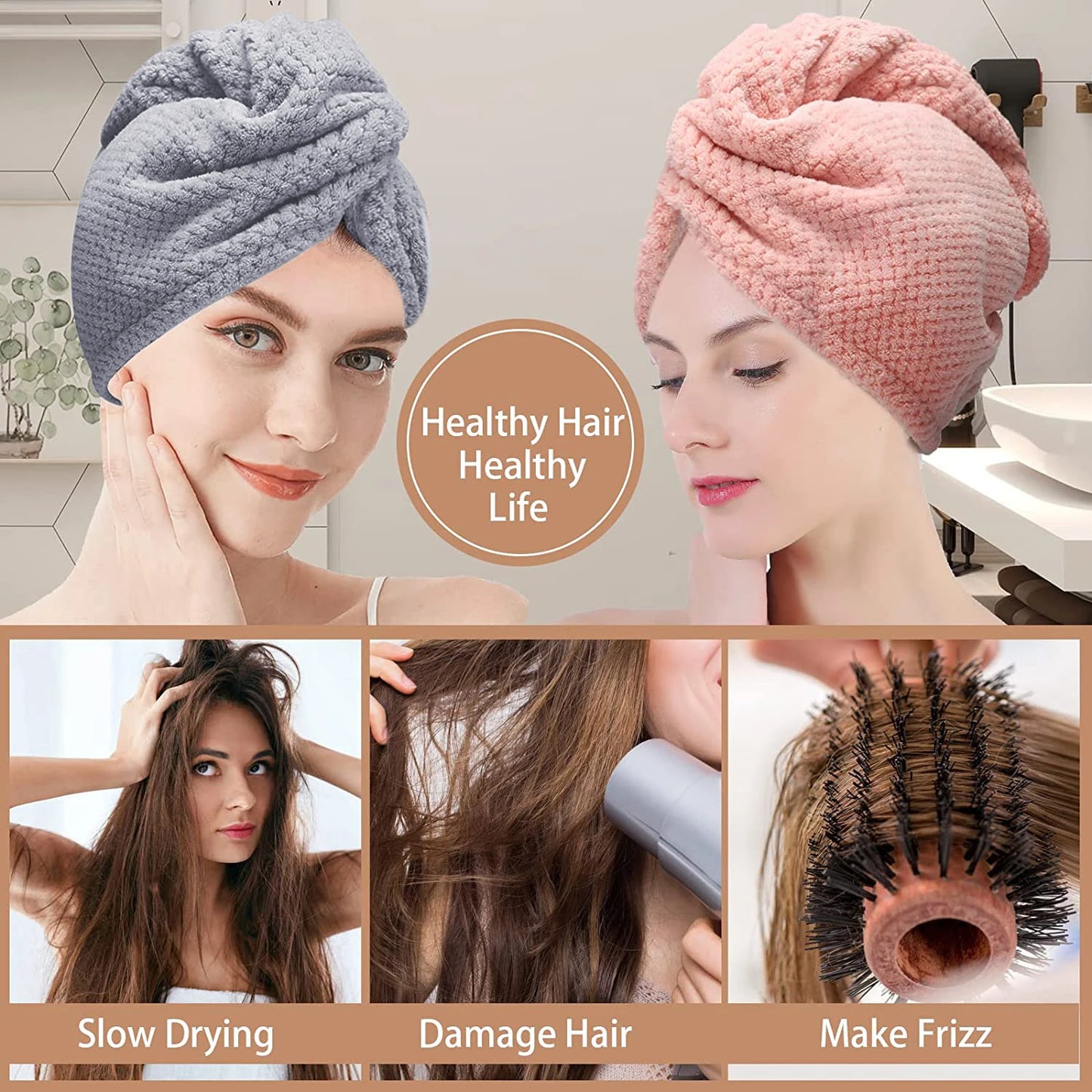 Lunvail™ソリッドカラーヘアタオルラップ - 高速乾燥と縮れ制御用の超吸収性テクスチャーキャップ