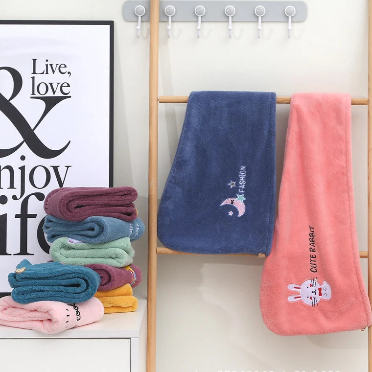 Lunvail™刺繍コーラルフリースヘアドライキャップ - 女性用の超吸収性クイックドライタオル