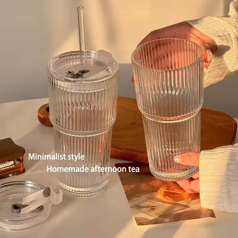 蓋付き600mlストライプガラスコーヒーカップ - 透明な再利用可能なアイスコーヒー&ジュースタンブラー