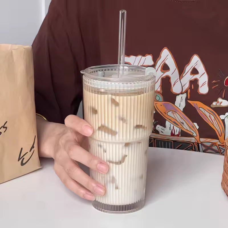 蓋付き600mlストライプガラスコーヒーカップ - 透明な再利用可能なアイスコーヒー&ジュースタンブラー