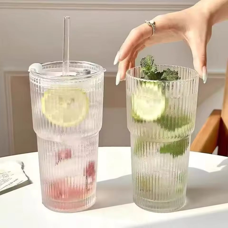 蓋付き600mlストライプガラスコーヒーカップ - 透明な再利用可能なアイスコーヒー&ジュースタンブラー