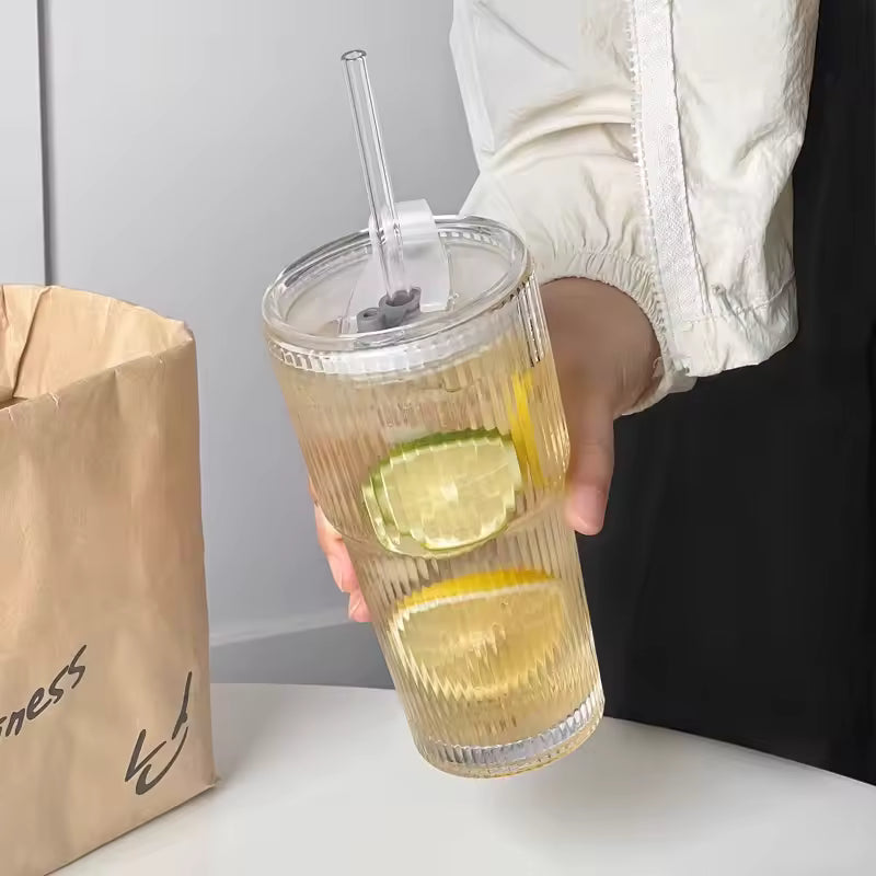 蓋付き600mlストライプガラスコーヒーカップ - 透明な再利用可能なアイスコーヒー&ジュースタンブラー