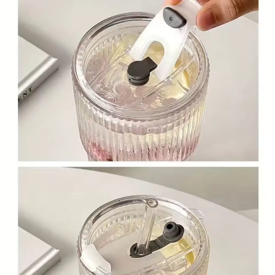 蓋付き600mlストライプガラスコーヒーカップ - 透明な再利用可能なアイスコーヒー&ジュースタンブラー
