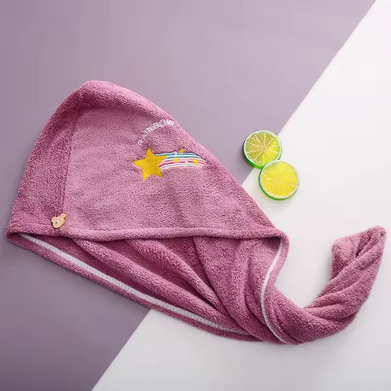 Lunvail™刺繍コーラルフリースヘアドライキャップ - 女性用の超吸収性クイックドライタオル