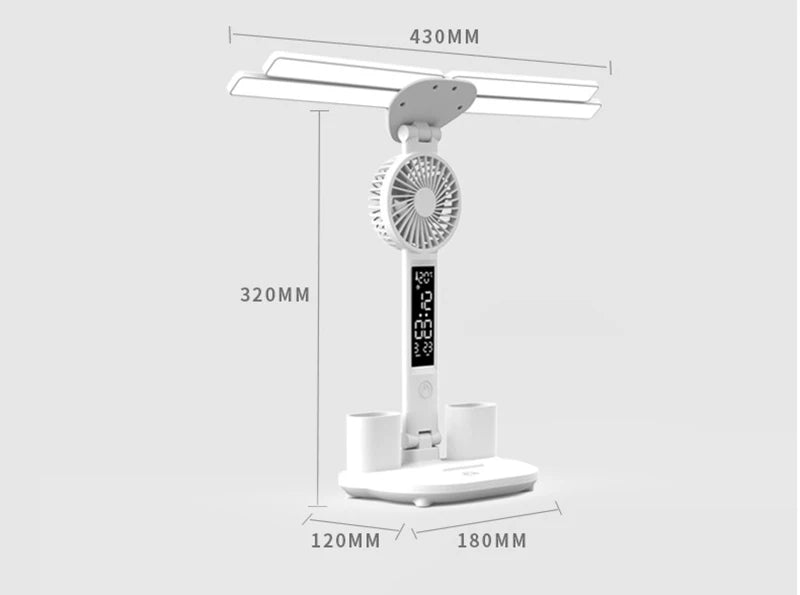 Nabíjateľná stolová lampa na štúdium, stolové svetlo LED svetlo LED svetlo LED s ventilátorom, LED hodinové čítanie lampy