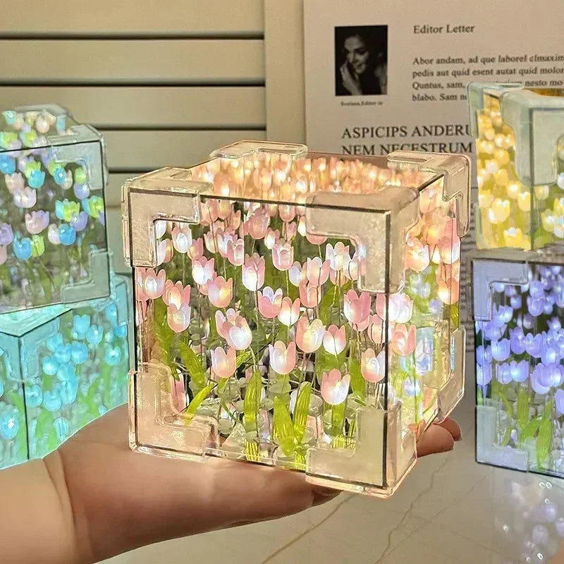 🌷 3D nočné svetlo s kvetom tulipánu v morskej kocke – večná záhrada v žiariacej krištáľovej kocke