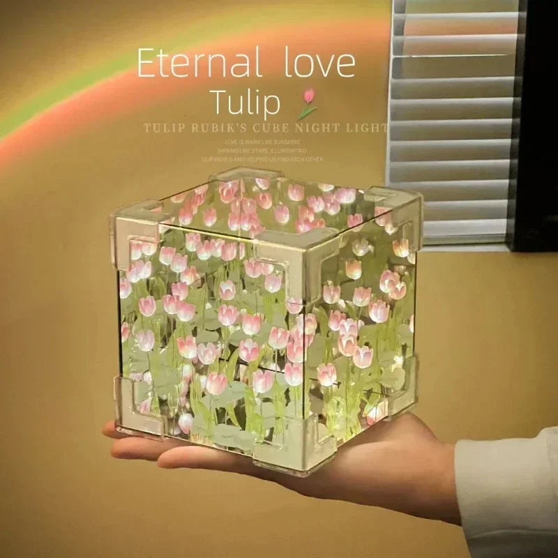 🌷 3D nočné svetlo s kvetom tulipánu v morskej kocke – večná záhrada v žiariacej krištáľovej kocke