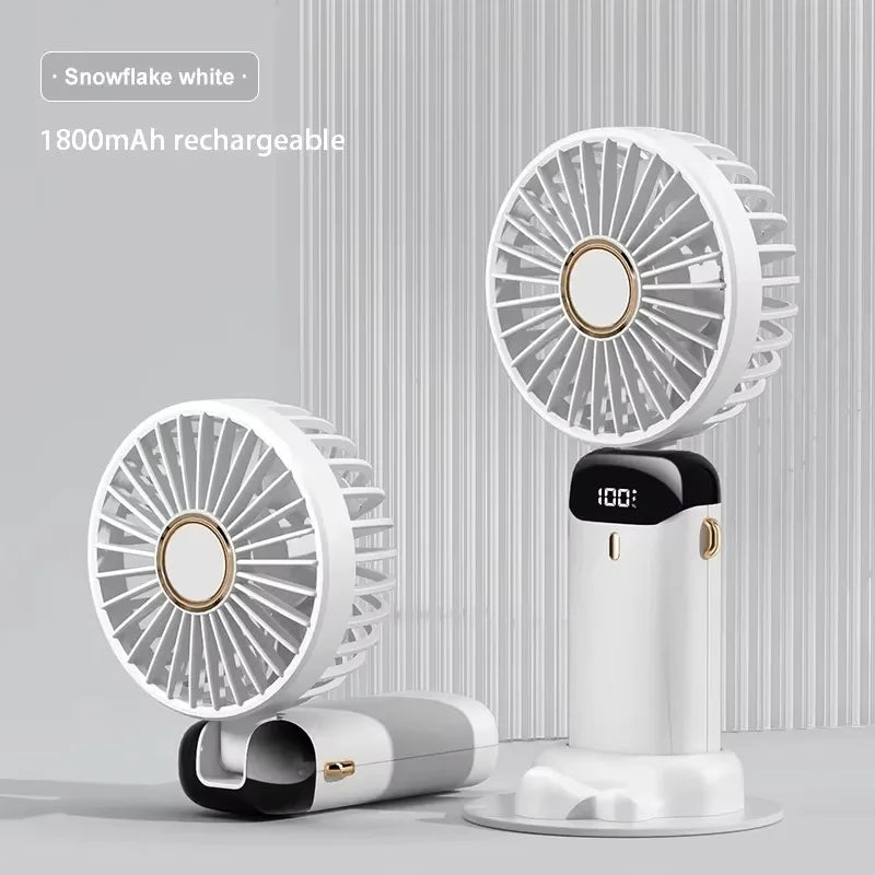 ハンドヘルドミニファン - 折りたたみ可能なポータブルネックハンギングファン5速、LEDディスプレイ、電話スタンド(USB充電式、1800mAh)