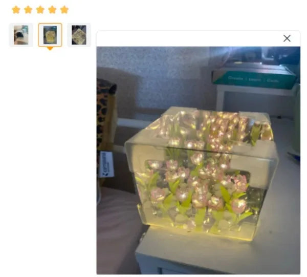 🌷 3D nočné svetlo s kvetom tulipánu v morskej kocke – večná záhrada v žiariacej krištáľovej kocke
