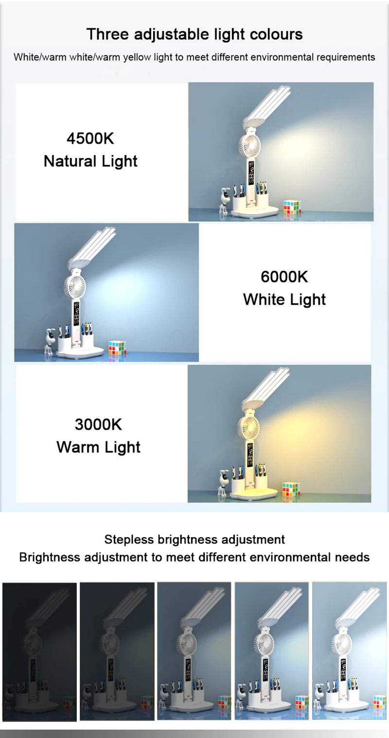 Nabíjateľná stolová lampa na štúdium, stolové svetlo LED svetlo LED svetlo LED s ventilátorom, LED hodinové čítanie lampy