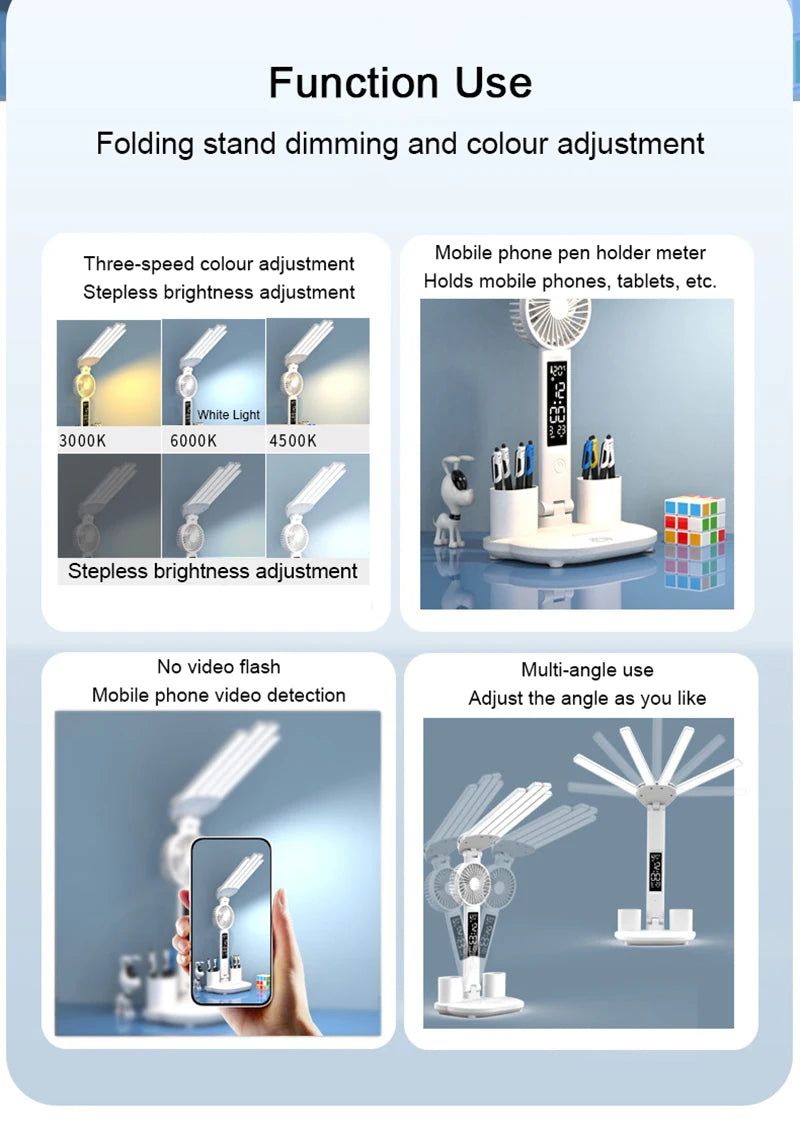 Nabíjateľná stolová lampa na štúdium, stolové svetlo LED svetlo LED svetlo LED s ventilátorom, LED hodinové čítanie lampy