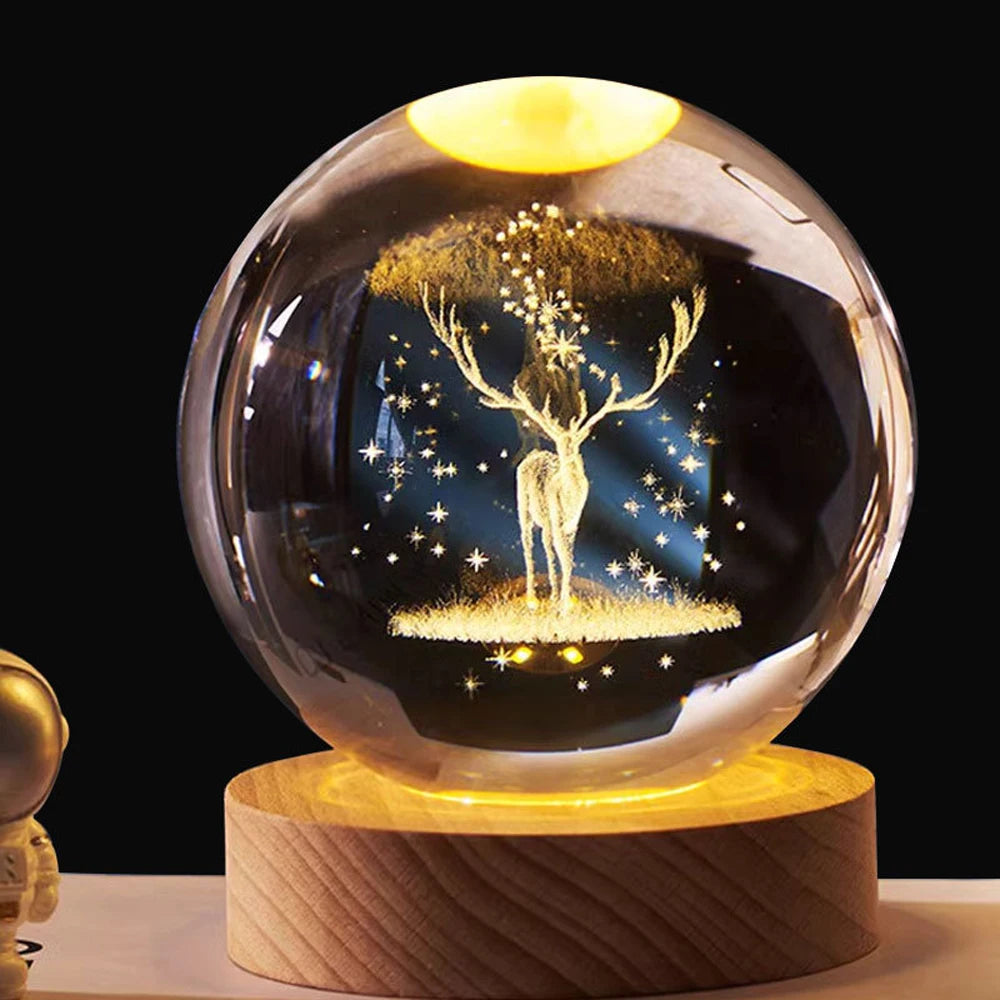 3D laserová krystalová koule noční světlo - USB LED lampa s dřevěnou základnou