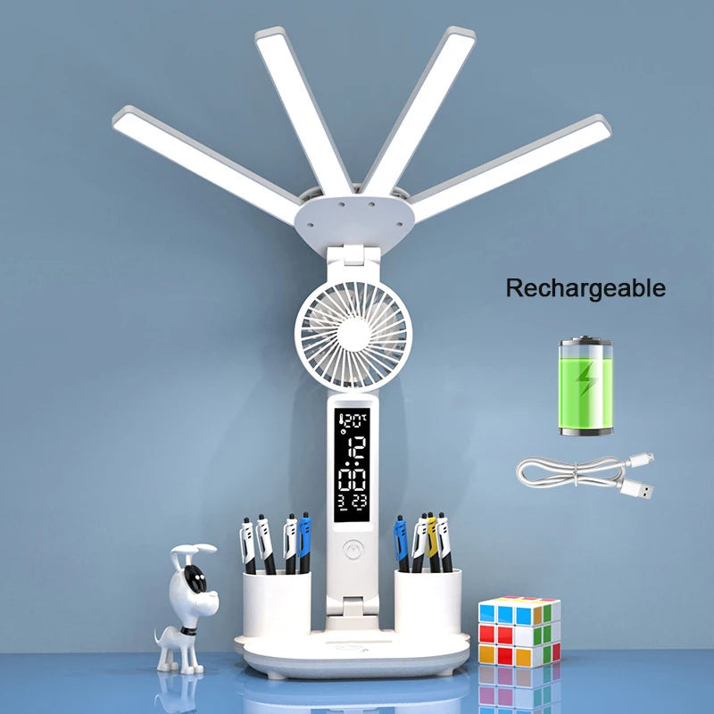 Nabíjateľná stolová lampa na štúdium, stolové svetlo LED svetlo LED svetlo LED s ventilátorom, LED hodinové čítanie lampy