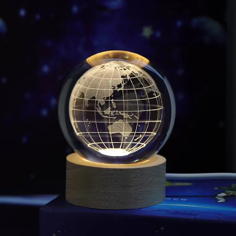 3D laserová krystalová koule noční světlo - USB LED lampa s dřevěnou základnou