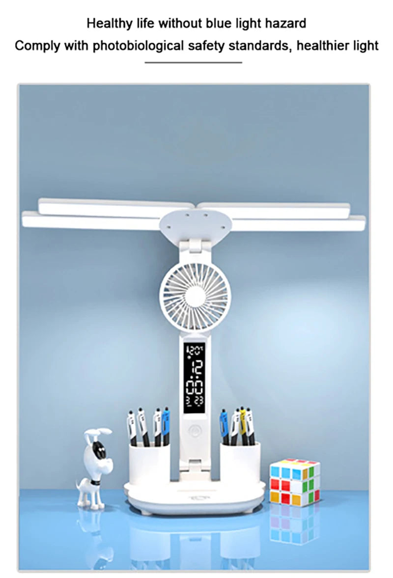 Nabíjateľná stolová lampa na štúdium, stolové svetlo LED svetlo LED svetlo LED s ventilátorom, LED hodinové čítanie lampy