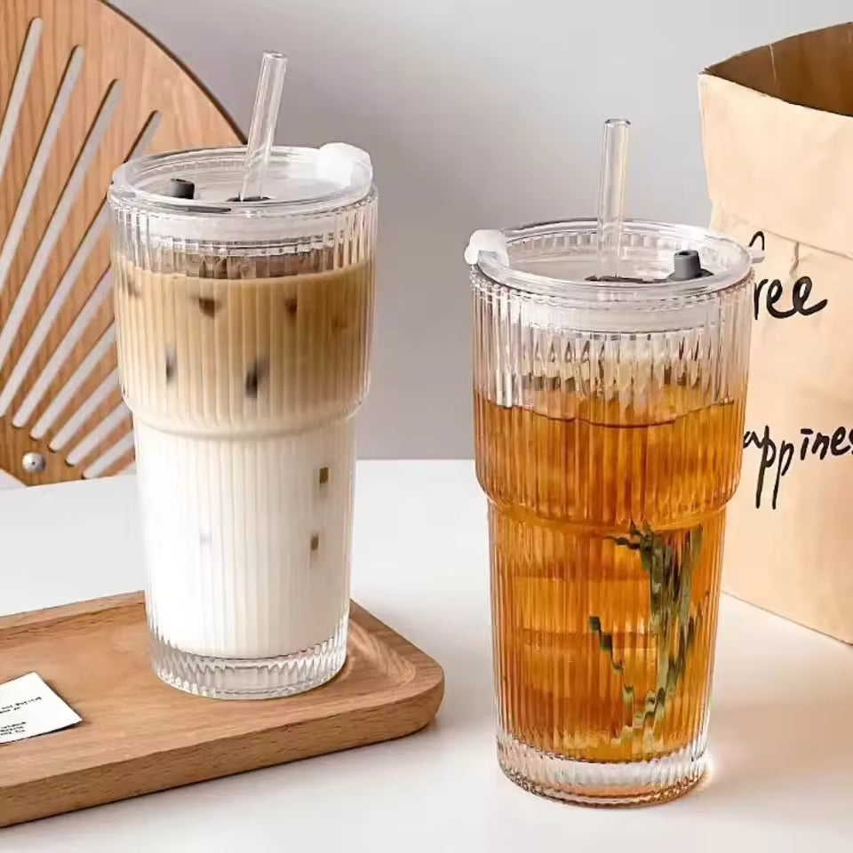 蓋付き600mlストライプガラスコーヒーカップ - 透明な再利用可能なアイスコーヒー&ジュースタンブラー
