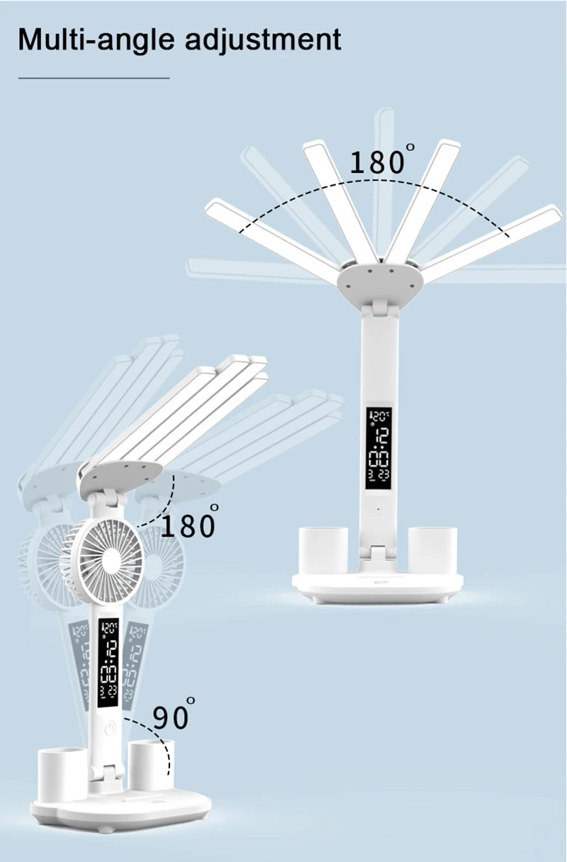 Nabíjateľná stolová lampa na štúdium, stolové svetlo LED svetlo LED svetlo LED s ventilátorom, LED hodinové čítanie lampy