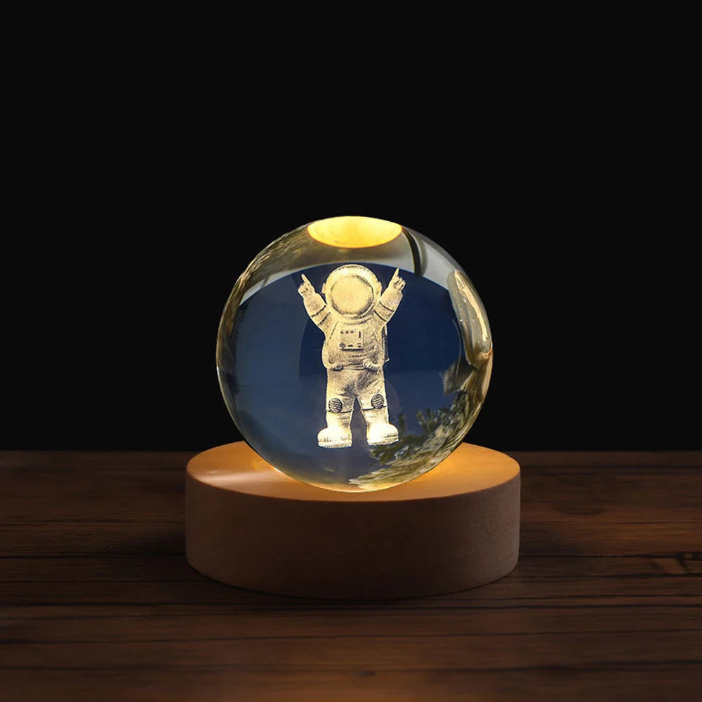 3D laserová krystalová koule noční světlo - USB LED lampa s dřevěnou základnou