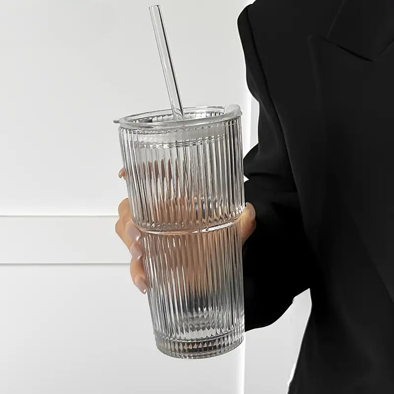 蓋付き600mlストライプガラスコーヒーカップ - 透明な再利用可能なアイスコーヒー＆ジュースタンブラー