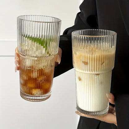 蓋付き600mlストライプガラスコーヒーカップ - 透明な再利用可能なアイスコーヒー＆ジュースタンブラー